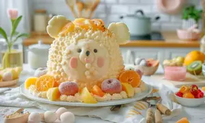 Gâteau mouton pour une recette gâteau bébé 1 an. Décoré de fruits frais, il est prêt pour une fête d'anniversaire.