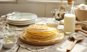 Pile de crêpes dorées, prêtes pour une recette pâte à crêpe salée. Lait, crème et ustensiles à proximité.