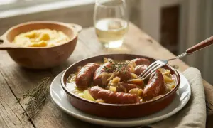 Un plat de diots savoyards mijotés avec des crozets, servi avec une purée de pommes de terre et un verre de vin blanc. Une recette réconfortante.