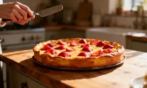 Un délicieux clafoutis aux fraises, prêt à être servi. Les fruits rouges brillent sur la pâte dorée.