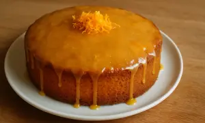 Un délicieux gâteau à l'orange, nappé d'un glaçage brillant et garni de zestes d'orange.