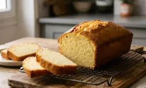 Un délicieux quatre-quarts doré, tout juste sorti du four, avec quelques tranches déjà coupées sur une assiette.