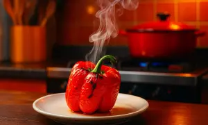 Un poivron rouge grillé, encore chaud et fumant, sur une assiette blanche. La cuisson au four a révélé sa saveur.