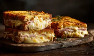Deux croque monsieur au four empilés, leur fromage fondant dégouline sur du pain grillé doré. Un délice réconfortant.