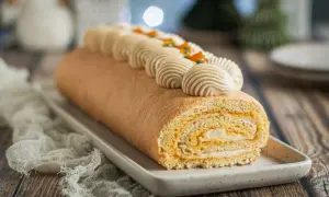 Bûche roulée décorée de crème et fruits exotiques, parfaite pour une recette buche mangue passion.