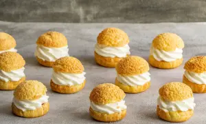 Douze petits choux garnis de crème fouettée, prêts à être dégustés. Ces délices de pâte à choux sont parfaits pour un goûter.