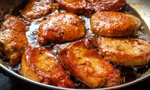 Filet mignon en train de dorer dans une poêle, baignant dans une sauce caramélisée. La marinade leur donne une belle couleur dorée et appétissante.