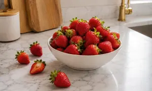 Un bol rempli de fraises rouges et juteuses, parfaites pour un dessert frais. Quelques fraises sont éparpillées sur le comptoir en marbre.