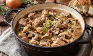 Un savoureux sauté de veau mijote dans une cocotte en fonte, garni de champignons, d'oignons et de lardons. Un plat réconfortant prêt à être dégusté.
