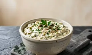 Un bol de sauce tartare crémeuse, garnie de câpres et de persil frais, prête à accompagner un plat de poisson.