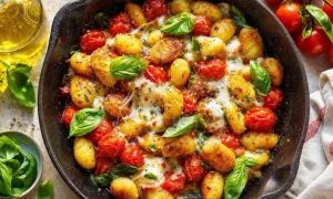 Délicieux gnocchis dorés avec des tomates cerises fondantes et du fromage filant, le tout dans une poêle. Un plat de tomates à la poêle qui met l'eau à la bouche.