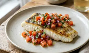 Filet de poisson grillé garni d'une salsa fraîche de tomates et d'oignons rouges, la sauce du chef parfaite pour sublimer ce plat.