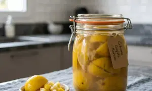 Un bocal rempli de citrons confits maison, prêts à parfumer vos plats. Une touche de soleil dans votre cuisine.