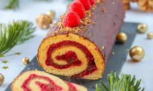 Bûche au chocolat et framboises, parfaite pour une recette de fête. Décorée de fruits rouges et de noisettes concassées.