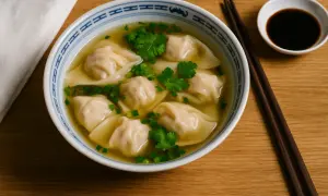 Un bol de soupe raviolis chinois, garni de coriandre et de ciboule, prêt à être dégusté avec des baguettes.