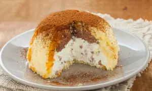 Gâteau glacé en forme de dôme, garni de crème et de chocolat, saupoudré de cacao. Parfait pour une recette génoise.