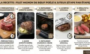 Étapes pour la cuisson parfaite du filet mignon : assaisonnement, saisie, cuisson au four, repos, puis dégustation.