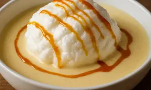 Île flottant, un délice aérien comme une recette de grand-mère, baignant dans une crème anglaise onctueuse et décoré de caramel.