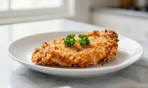 Escalope milanaise dorée à la poêle, garnie de persil frais. Le temps de cuisson parfait pour cette recette croustillante.