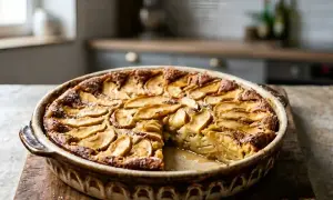 Un délicieux clafoutis aux pommes, doré et moelleux, servi dans un plat en terre cuite.