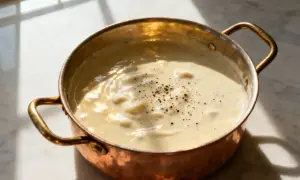 Sauce blanche crémeuse, parsemée de poivre noir, dans une petite casserole en cuivre.