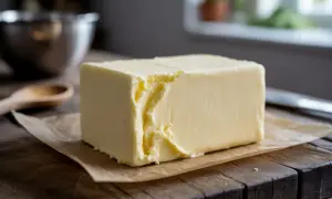 Un bloc de beurre crémeux, prêt à être transformé en beurre pommade pour une pâtisserie parfaite.