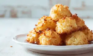 Pile de rochers coco dorés et croustillants sur une assiette blanche. Un délice à croquer !