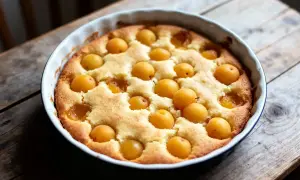 Un délicieux clafoutis aux mirabelles, doré et moelleux, prêt à être dégusté.