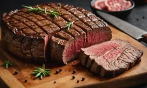 Un magnifique filet de bœuf, parfaitement grillé, attend d'être dégusté. Sa cuisson révèle une chair rosée et tendre.