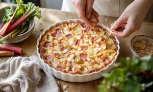 Finition d'un clafoutis rhubarbe aux amandes effilées, prêt à être dégusté.