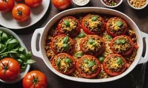 Tomates au four garnies de viande et de riz, saupoudrées de fromage râpé et de basilic frais. Un plat réconfortant et savoureux.