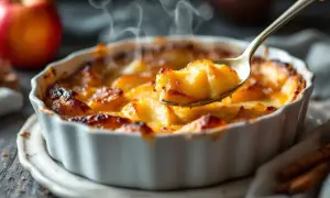 Une cuillère prélève une portion fumante d'un flan aux pommes doré et croustillant, prêt à être dégusté.