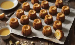Une belle présentation de cannelés dorés, parfaits pour une recette facile. Un cannelé est coupé, révélant son cœur moelleux.