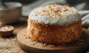 Un délicieux gâteau noix de coco, recouvert de flocons de noix de coco grillés et d'une crème blanche. Parfait pour une pause gourmande.