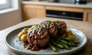 Trois tournedos nappés de sauce madère, accompagnés de pommes de terre grenaille et d'asperges vertes. Un plat savoureux dont la sauce madère origine fait le délice des gourmets.