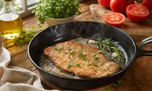 Escalope de veau dorée dans une poêle en fonte, avec de l'ail et des herbes. La cuisson est presque terminée.