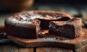 Un délicieux moelleux au chocolat, saupoudré de sucre glace, est servi sur une planche en bois rustique.