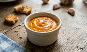 Un bol de rouille, recette traditionnelle, avec des croûtons et de l'ail sur une table en bois.