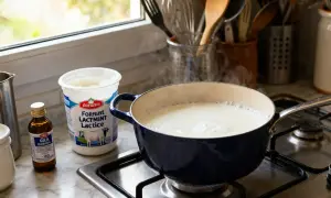 Préparation pour faire son fromage de chèvre : lait chauffant dans une casserole bleue, avec un pot de ferment lactique et une petite bouteille à côté.
