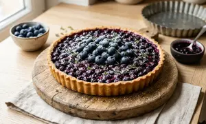 Une délicieuse tarte aux myrtilles, garnie de fruits frais et de thym, prête à être dégustée.