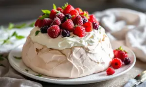 Pavlova aérienne garnie de crème fouettée et de fruits rouges frais. Une délicieuse recette pavlova pour un dessert léger et fruité.