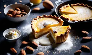 Délicieuse tartelette à la pâte sablée amandes, garnie d'une crème citronnée et saupoudrée de sucre glace. Des amandes entières et une touche de crème complètent cette gourmandise.