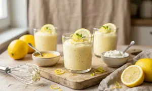 Trois verres de mousse au citron aérienne, décorés de rondelles de citron et de menthe. Des citrons frais, un fouet et des ramequins de crème et de curd complètent cette scène gourmande.