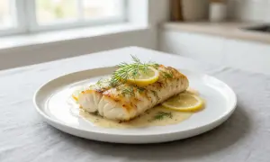 Un savoureux dos de cabillaud au four, nappé d'une sauce crémeuse, garni de rondelles de citron et d'aneth frais.