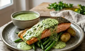 Filet de saumon croustillant nappé d'une sauce à l'oseille crémeuse, servi avec des haricots verts et des pommes de terre grenaille.