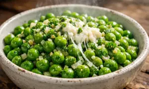 Un bol de pois mange tout chauds, garnis de fromage fondant et d'herbes fraîches. Une recette simple et savoureuse.