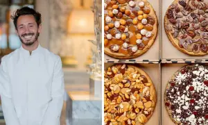 Le chef Cédric Grolet sourit à côté de ses délicieux cookies aux noisettes, caramel, cacahuètes et chocolat.