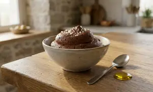 Une généreuse portion de mousse au chocolat, saupoudrée de gros sel, attend dans un bol en céramique sur une table en bois. Une cuillère et une goutte d'huile dorée sont à côté.