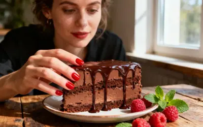 Une femme aux ongles rouges touche un délicieux gâteau chocolat mascarpone, garni de glaçage au chocolat et de framboises fraîches.