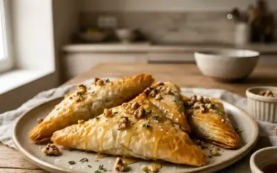 Triangles dorés de pâte filo, nappés de miel et parsemés de noix et d'herbes, prêts à être dégustés.